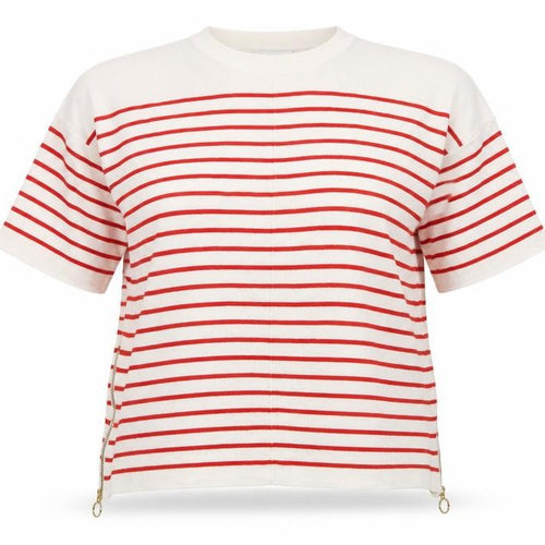 Warehouse Women Ivory Red Stripe Knit Top UK 12 Crew Neck Zip