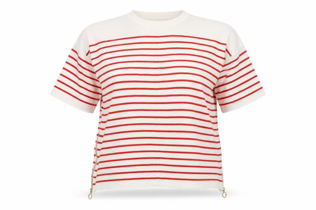 Warehouse Women Ivory Red Stripe Knit Top UK 12 Crew Neck Zip