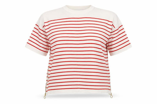 Warehouse Women Ivory Red Stripe Knit Top UK 12 Crew Neck Zip