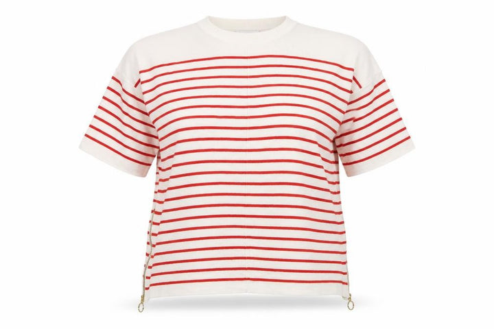 Warehouse Women Ivory Red Stripe Knit Top UK 12 Crew Neck Zip