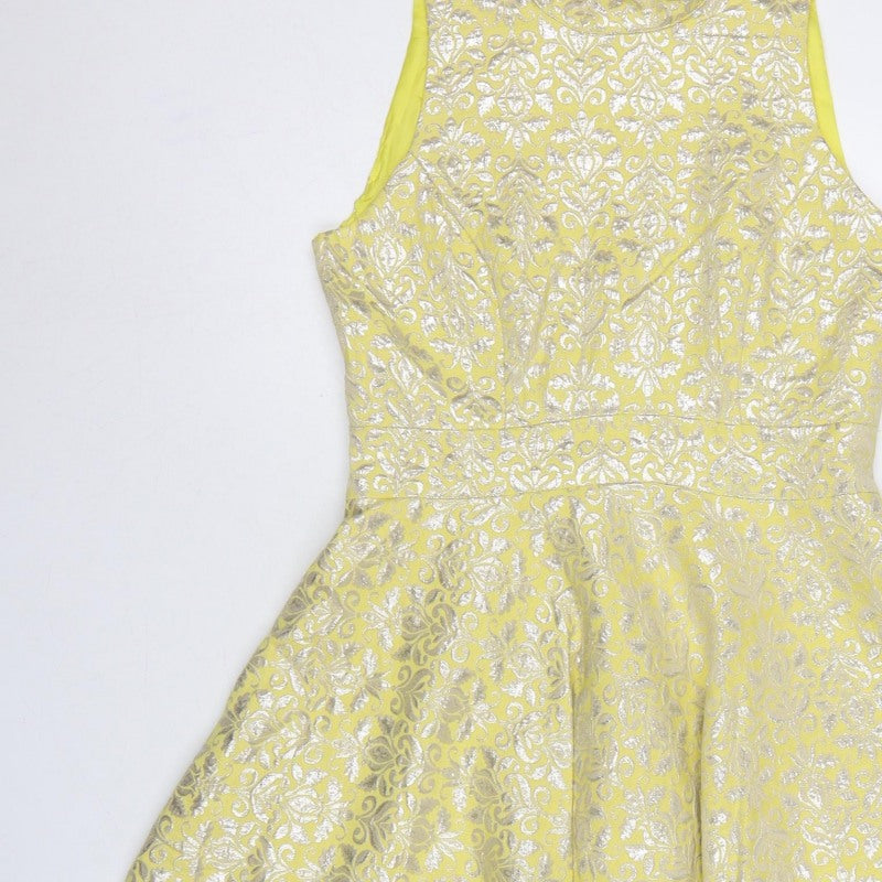 Miss Selfridge Women Yellow UK 12 Fit & Flare Floral Metallic Dress