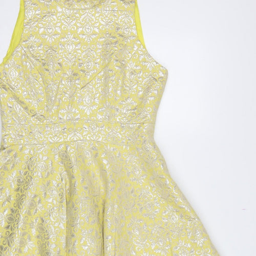 Miss Selfridge Women Yellow UK 12 Fit & Flare Floral Metallic Dress
