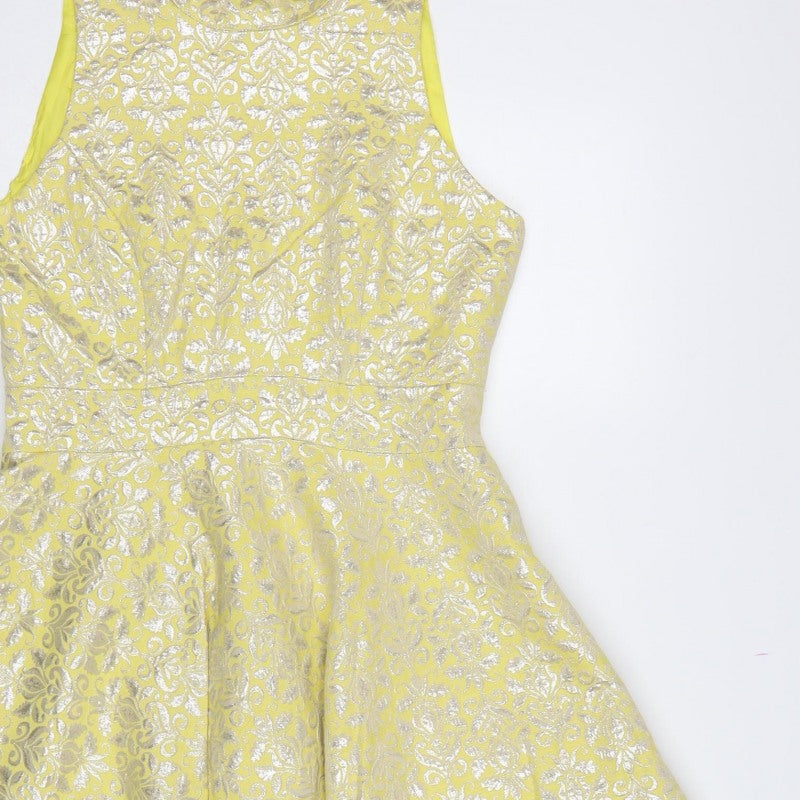 Miss Selfridge Women Yellow UK 12 Fit & Flare Floral Metallic Dress
