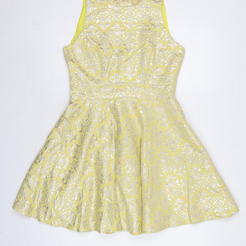 Miss Selfridge Women Yellow UK 12 Fit & Flare Floral Metallic Dress