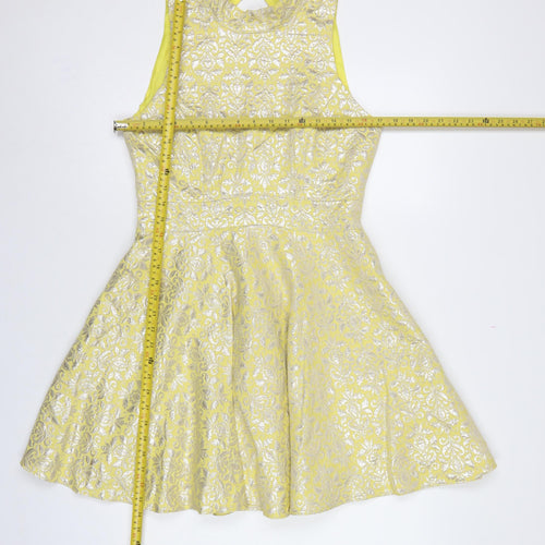 Miss Selfridge Women Yellow UK 12 Fit & Flare Floral Metallic Dress