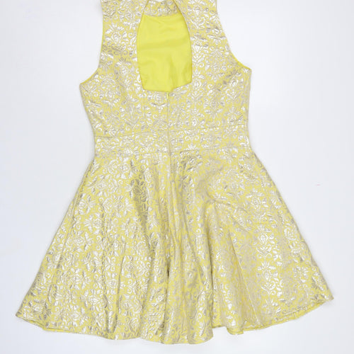 Miss Selfridge Women Yellow UK 12 Fit & Flare Floral Metallic Dress