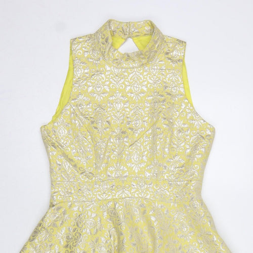 Miss Selfridge Women Yellow UK 12 Fit & Flare Floral Metallic Dress