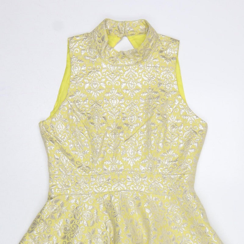 Miss Selfridge Women Yellow UK 12 Fit & Flare Floral Metallic Dress