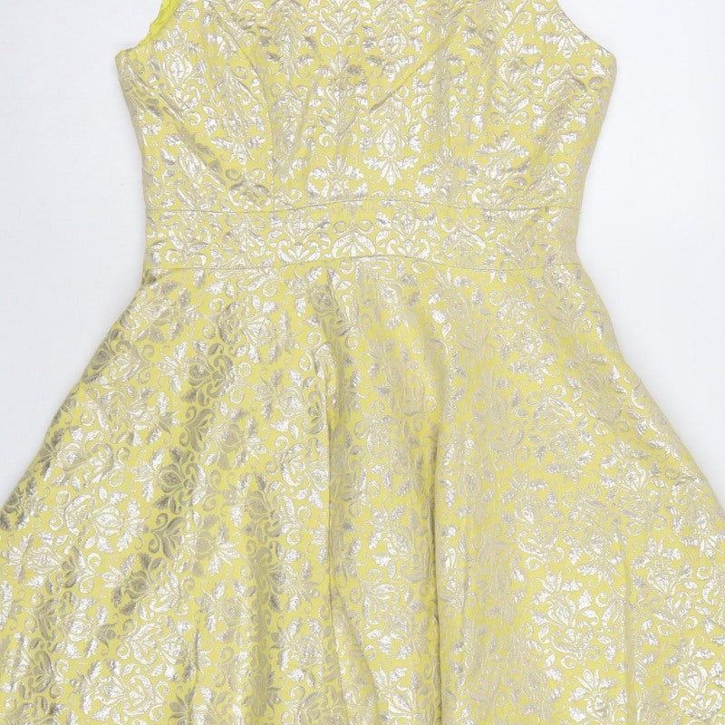Miss Selfridge Women Yellow UK 12 Fit & Flare Floral Metallic Dress