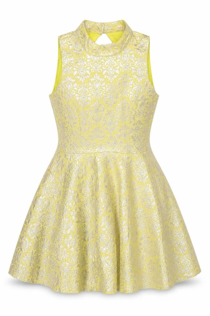 Miss Selfridge Women Yellow UK 12 Fit & Flare Floral Metallic Dress