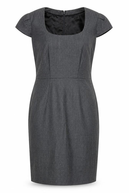 Front view of Hobbs Women Grey UK 10 Wool Pencil Dress Short Sleeve Workwear