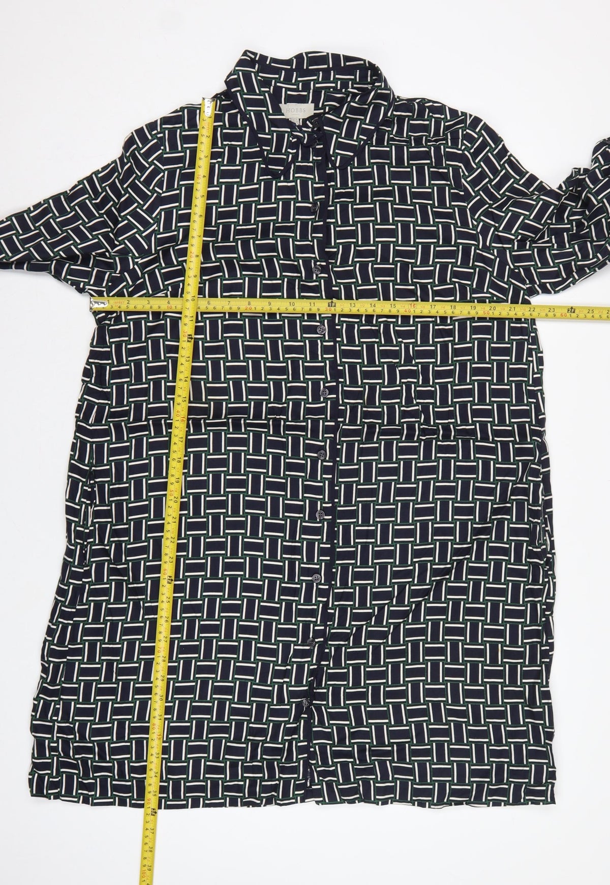 Hobbs Women Black Geometric UK 16 Knee Length Shirt Dress Belted