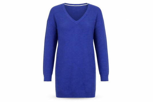 Front view of Boden Women Blue M Cotton Knit V-Neck Long Sleeve Jumper Dress