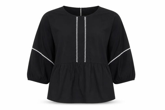 Marks and Spencer Women Black UK 16 Tunic Blouse Puff Sleeve Embroidered