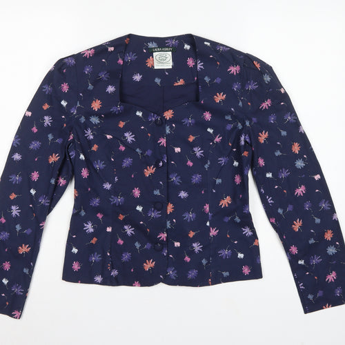 Laura Ashley Women Blue UK 12 Floral Cotton Short Blazer Jacket