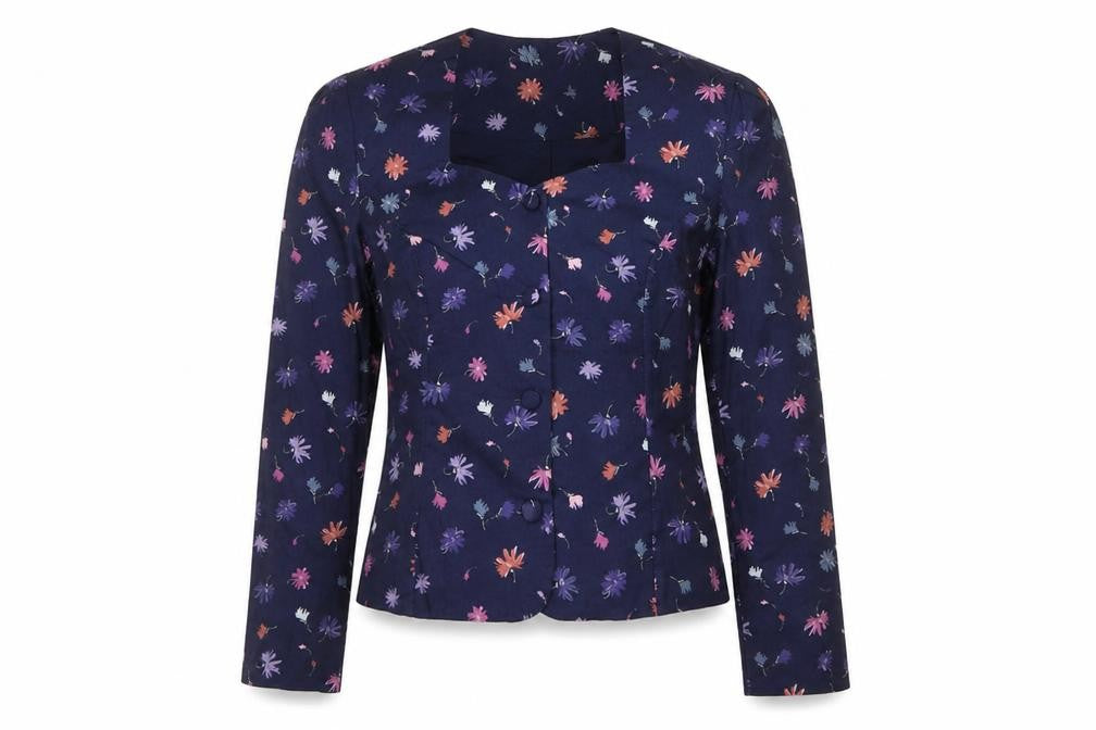 Laura Ashley Women Blue UK 12 Floral Cotton Short Blazer Jacket