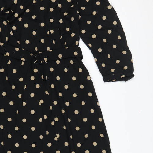 Freequent Women Black Beige Polka Dot L Midi Shirt Dress Belted