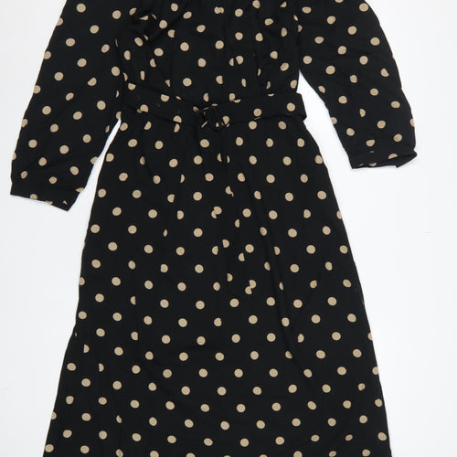 Freequent Women Black Beige Polka Dot L Midi Shirt Dress Belted