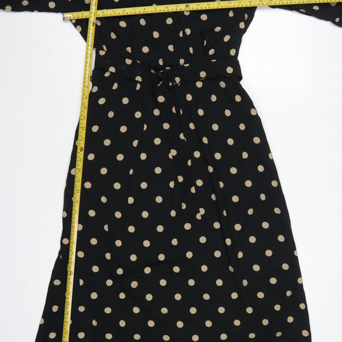 Freequent Women Black Beige Polka Dot L Midi Shirt Dress Belted
