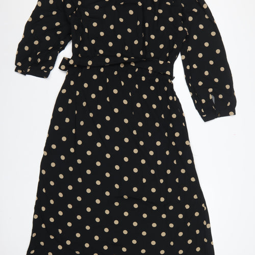 Freequent Women Black Beige Polka Dot L Midi Shirt Dress Belted