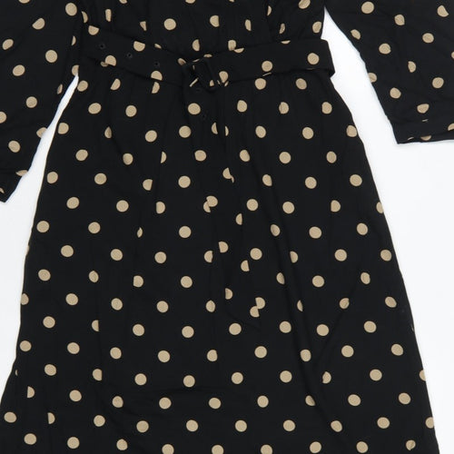 Freequent Women Black Beige Polka Dot L Midi Shirt Dress Belted