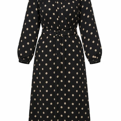Freequent Women Black Beige Polka Dot L Midi Shirt Dress Belted
