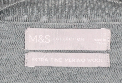 Marks & Spencer Women Grey Size 12 Merino Wool Button Cardigan
