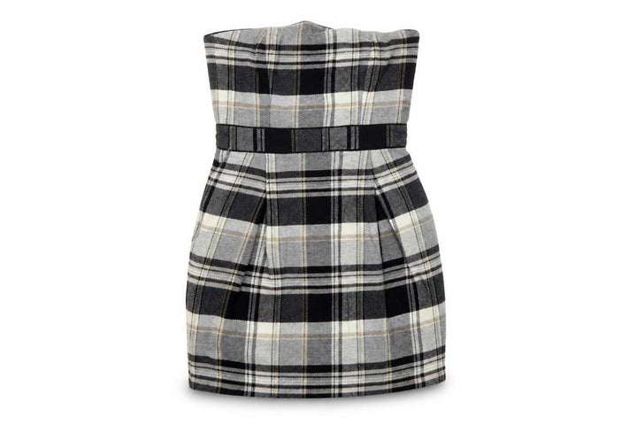 French Connection Women Grey Plaid Wool Strapless Bodycon Mini Dress UK 8