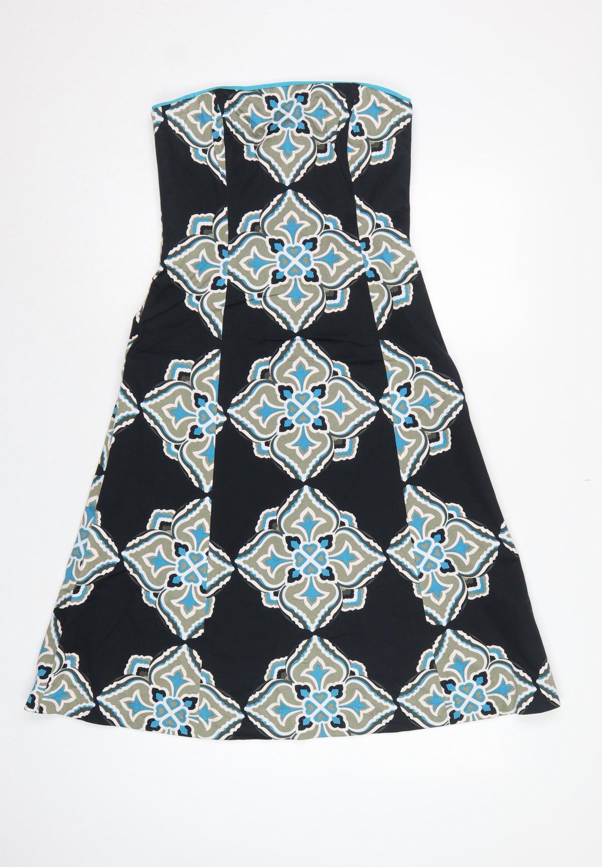 Back view of Coast Women Black Geometric Strapless A-Line Dress, size 8