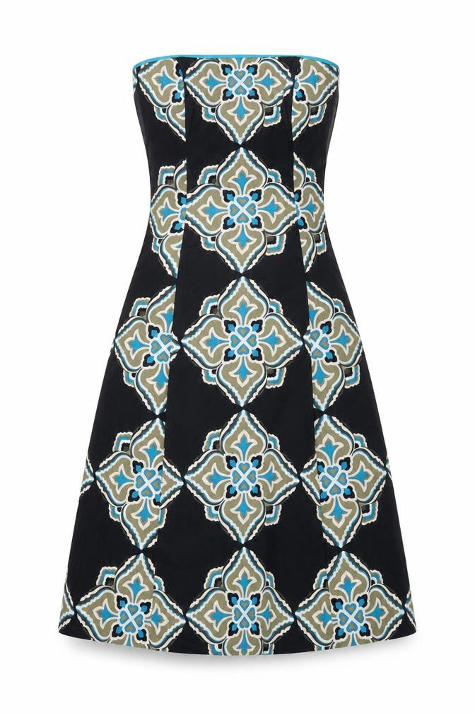 Front view of Coast Women Black Geometric Strapless A-Line Dress, size 8