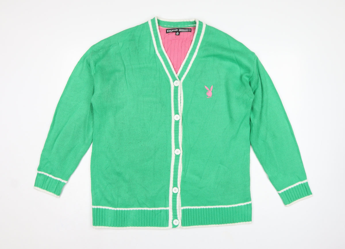 Playboy x Missguided Women Green UK 6 V-Neck Logo Knit Cardigan