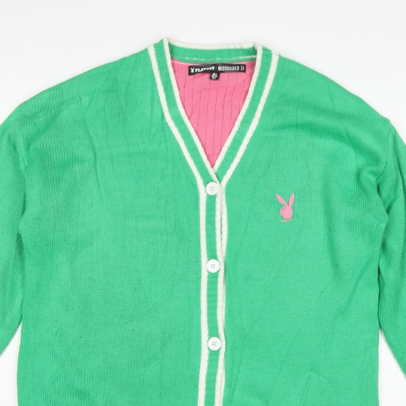 Playboy x Missguided Women Green UK 6 V-Neck Logo Knit Cardigan