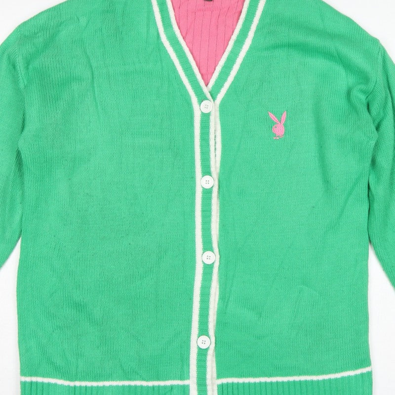 Playboy x Missguided Women Green UK 6 V-Neck Logo Knit Cardigan