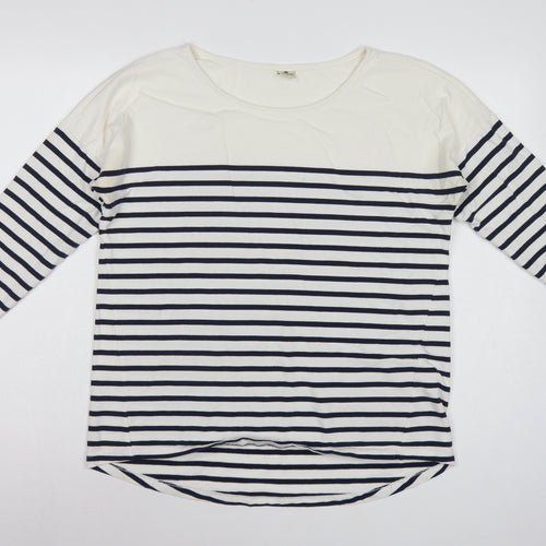 Timeout Women White Navy Striped M 3/4 Sleeve Jersey T-Shirt