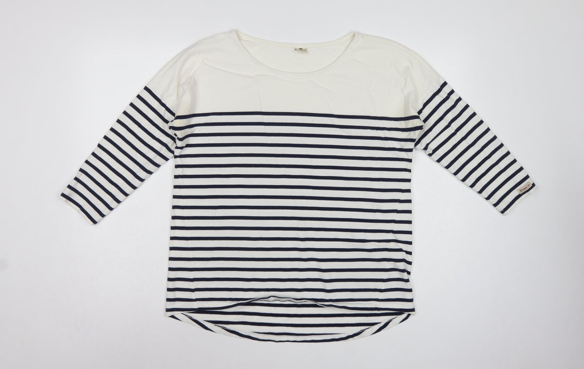 Timeout Women White Navy Striped M 3/4 Sleeve Jersey T-Shirt