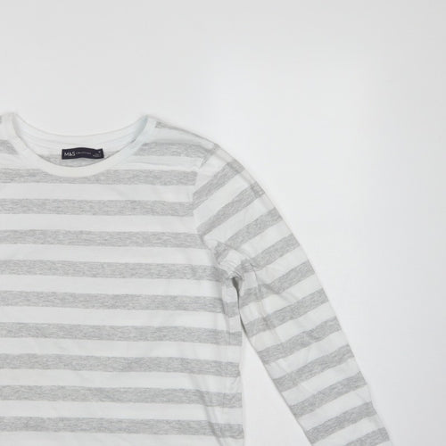 Marks & Spencer Women Grey Stripe Cotton Long Sleeve Basic T-Shirt UK 10