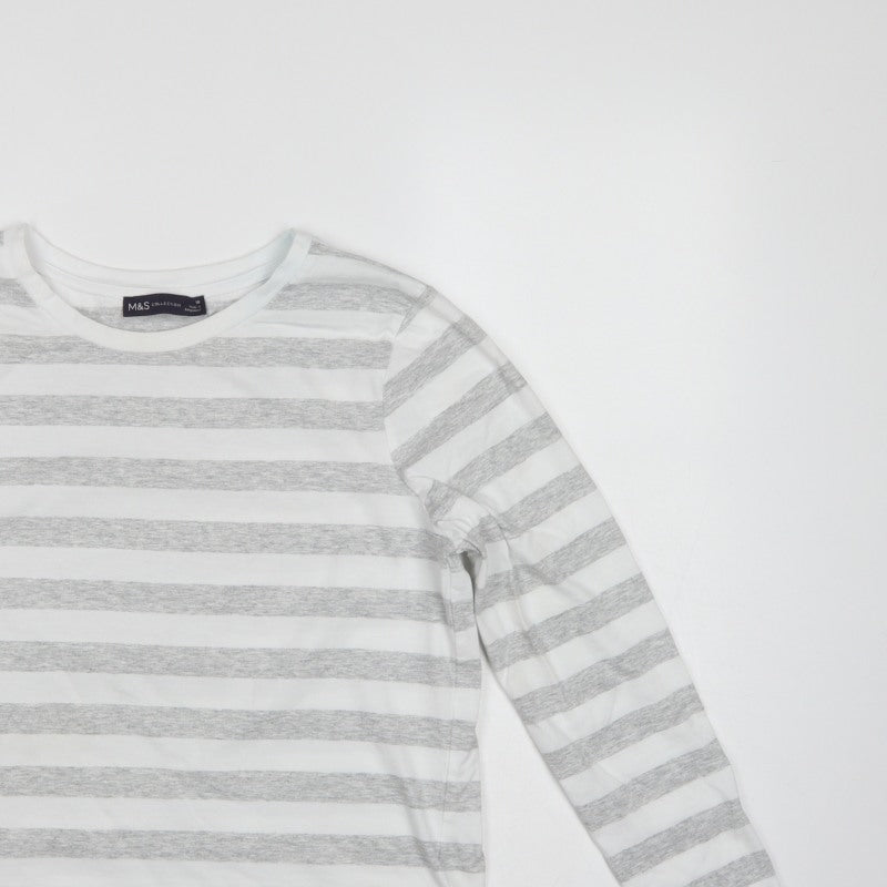Marks & Spencer Women Grey Stripe Cotton Long Sleeve Basic T-Shirt UK 10