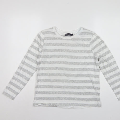 Marks & Spencer Women Grey Stripe Cotton Long Sleeve Basic T-Shirt UK 10