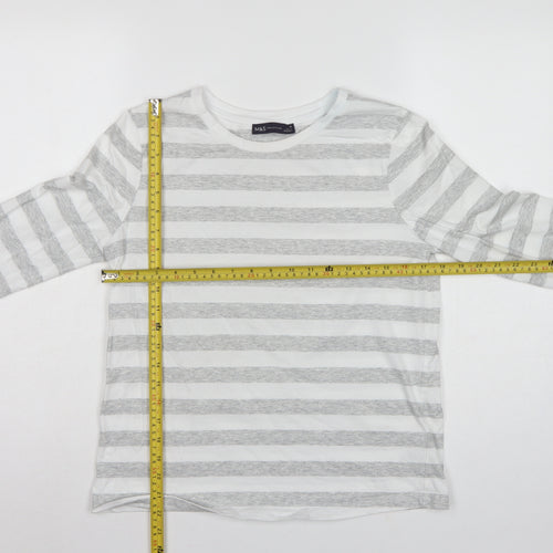 Marks & Spencer Women Grey Stripe Cotton Long Sleeve Basic T-Shirt UK 10