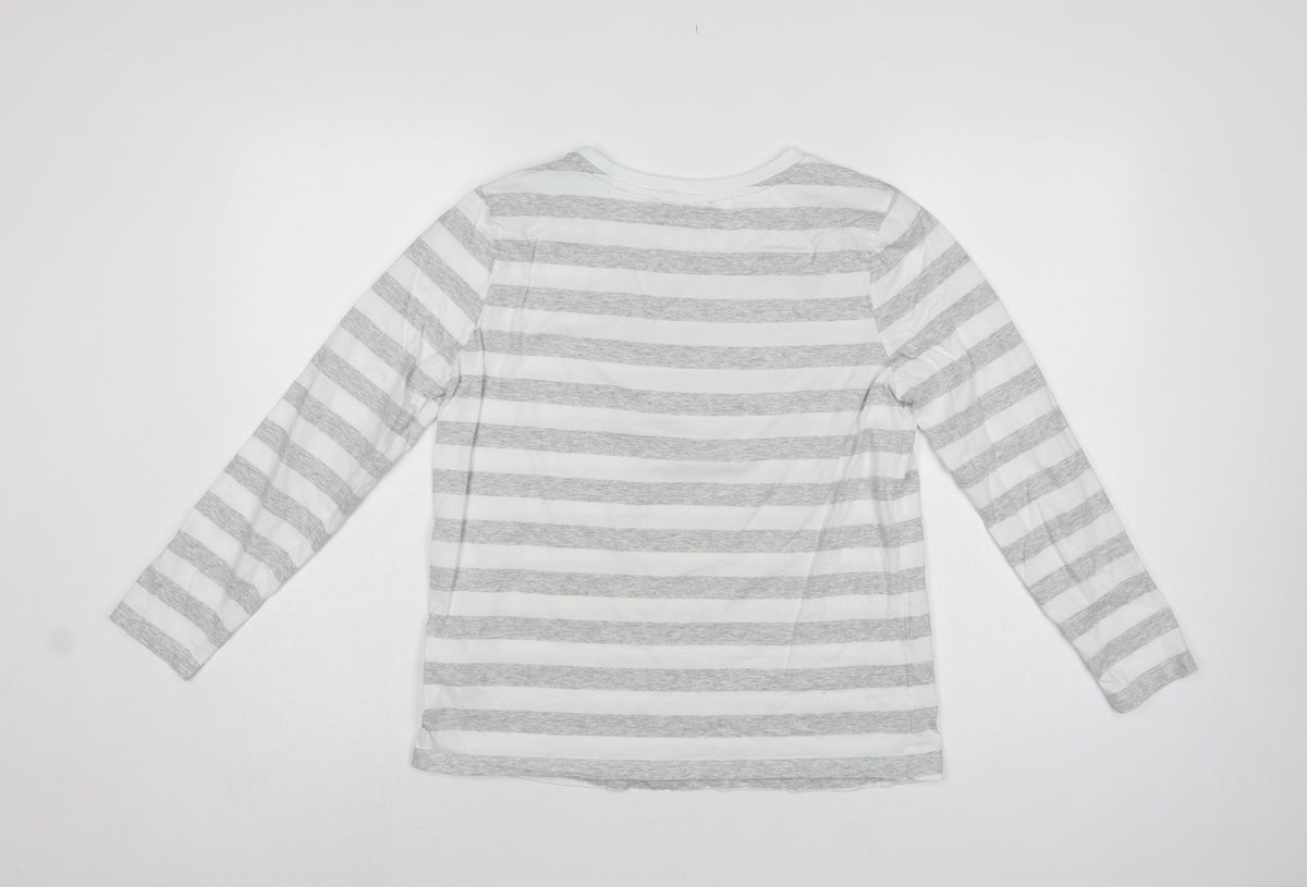Marks & Spencer Women Grey Stripe Cotton Long Sleeve Basic T-Shirt UK 10