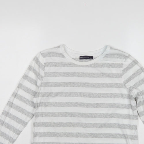Marks & Spencer Women Grey Stripe Cotton Long Sleeve Basic T-Shirt UK 10