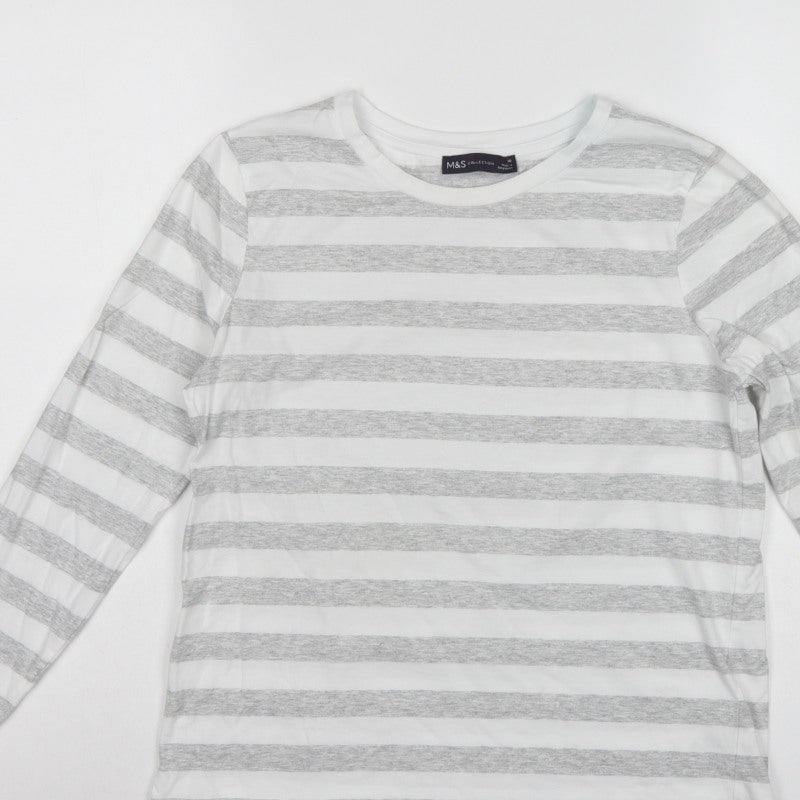 Marks & Spencer Women Grey Stripe Cotton Long Sleeve Basic T-Shirt UK 10