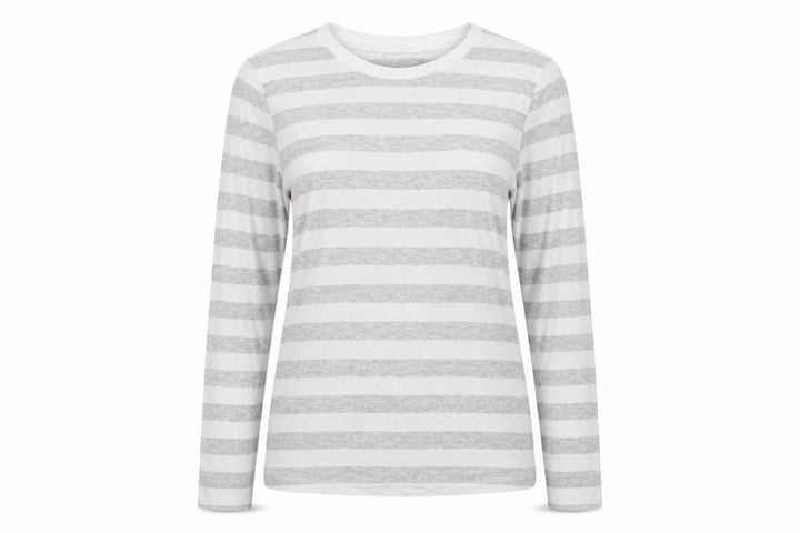 Marks & Spencer Women Grey Stripe Cotton Long Sleeve Basic T-Shirt UK 10