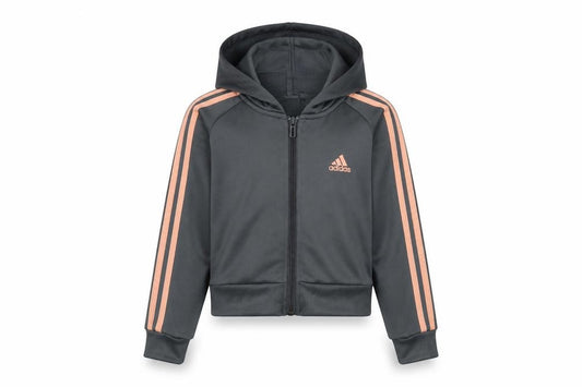 Front view of Adidas girls’ black pink 3 stripe full zip hoodie age 7-8 years