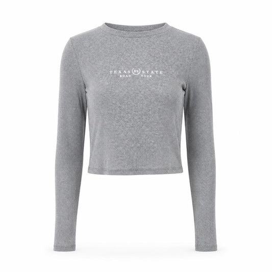 Pull&Bear Women Grey S Cropped Ribbed Texas State Long Sleeve T-Shirt