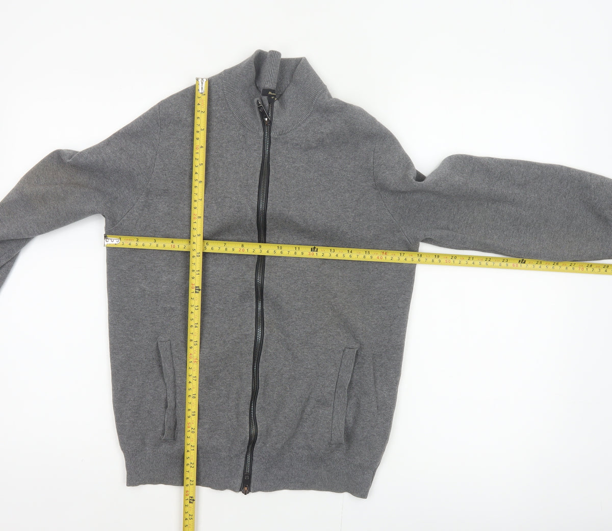 Brand and care label for Massimo Dutti Men Grey S Full Zip Cotton High Neck Knit Jumper