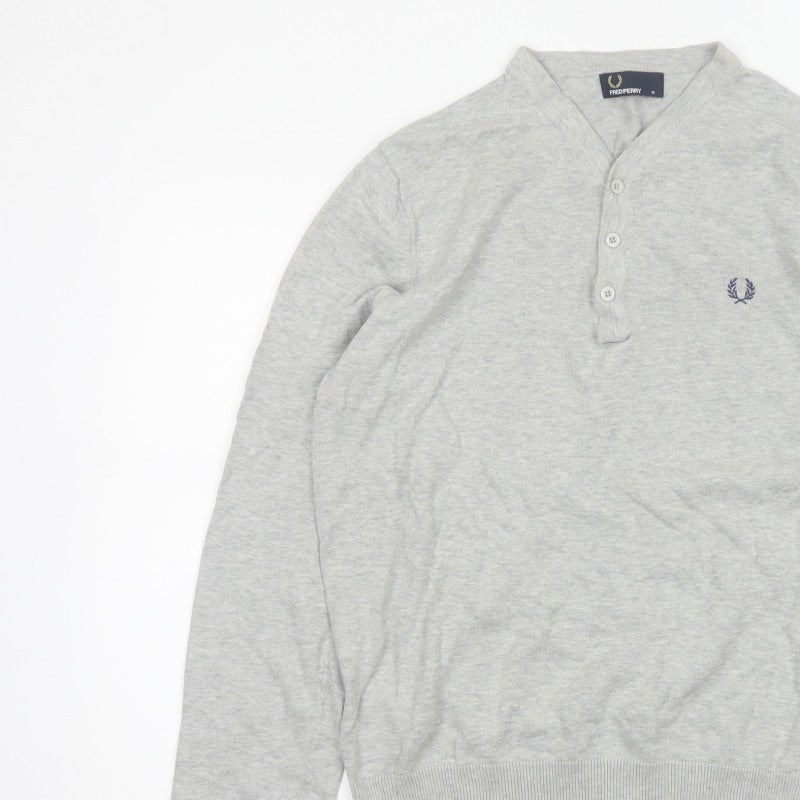 Fred Perry Men Grey M Cotton Logo Henley High Neck Jumper