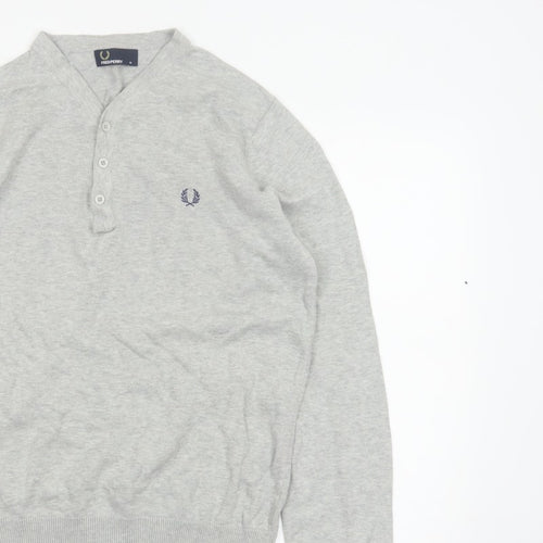 Fred Perry Men Grey M Cotton Logo Henley High Neck Jumper