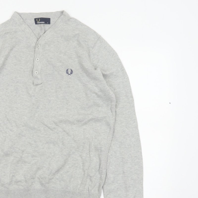 Fred Perry Men Grey M Cotton Logo Henley High Neck Jumper