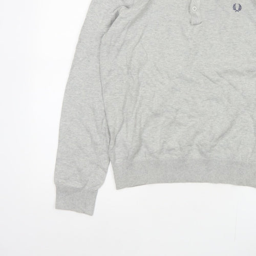 Fred Perry Men Grey M Cotton Logo Henley High Neck Jumper